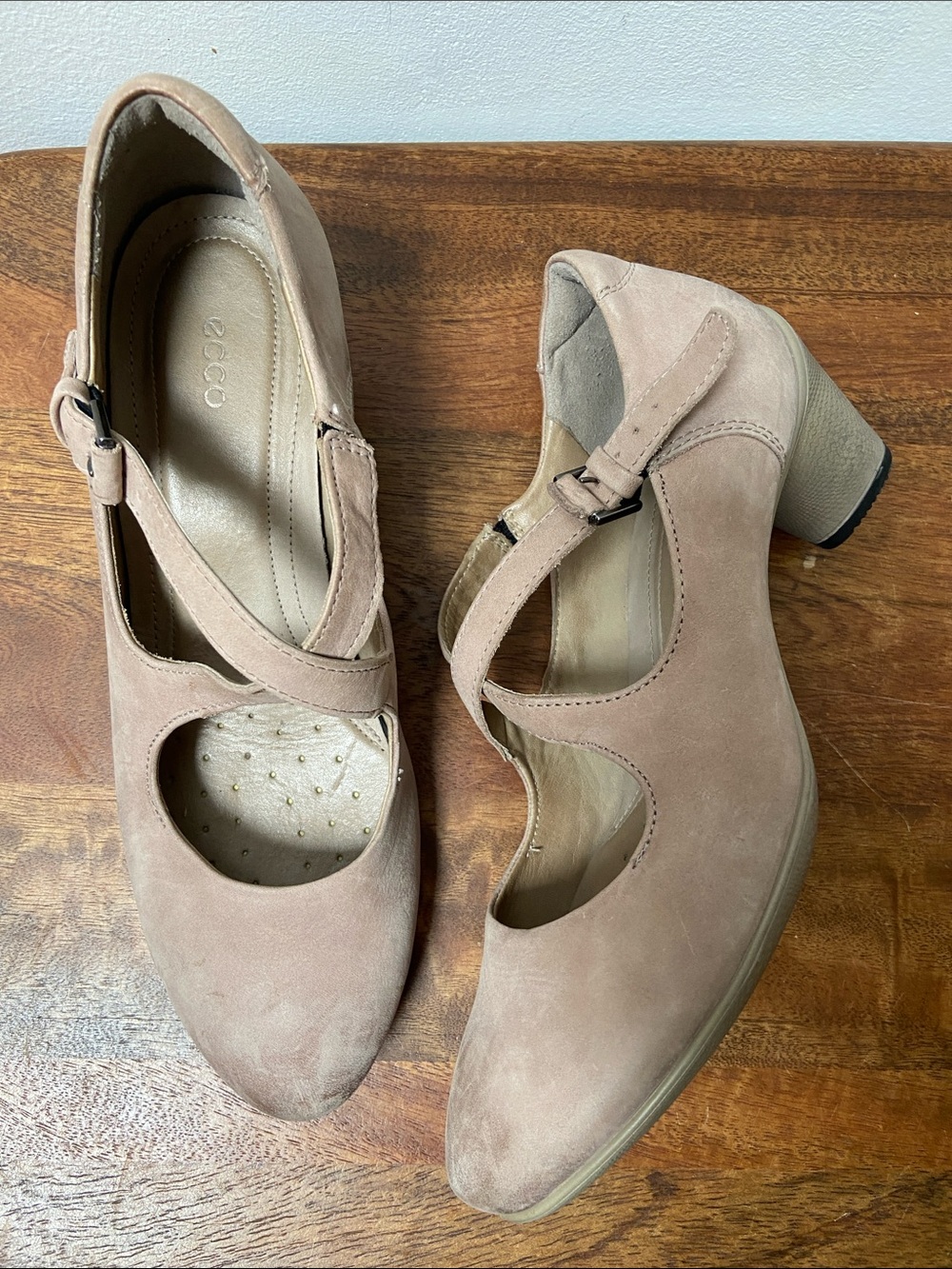 Ecco Mary Jane Leather Heels Wood Rose